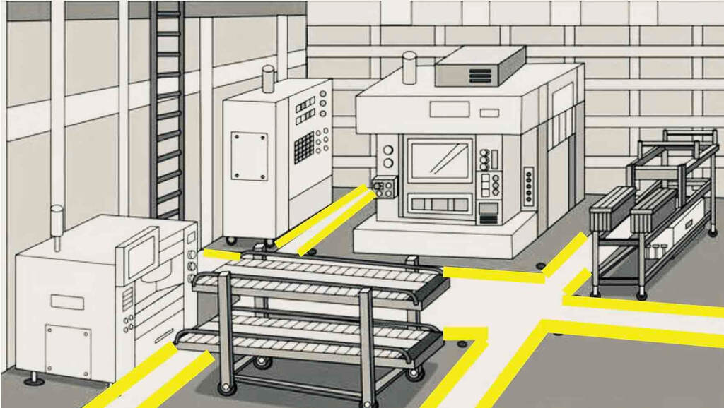 工場の安全通路と作業場を色付きの線で区切る